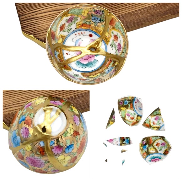 Kintsugi Cups Chinese Eggshell Mini Floral Gold Crack Art Personal Growth Gift - Picture 5 of 14